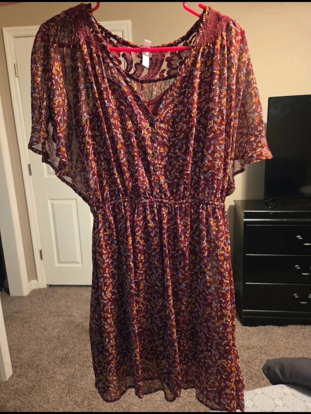 Xhilaration Burgundy Floral Midi Dress with Button Front